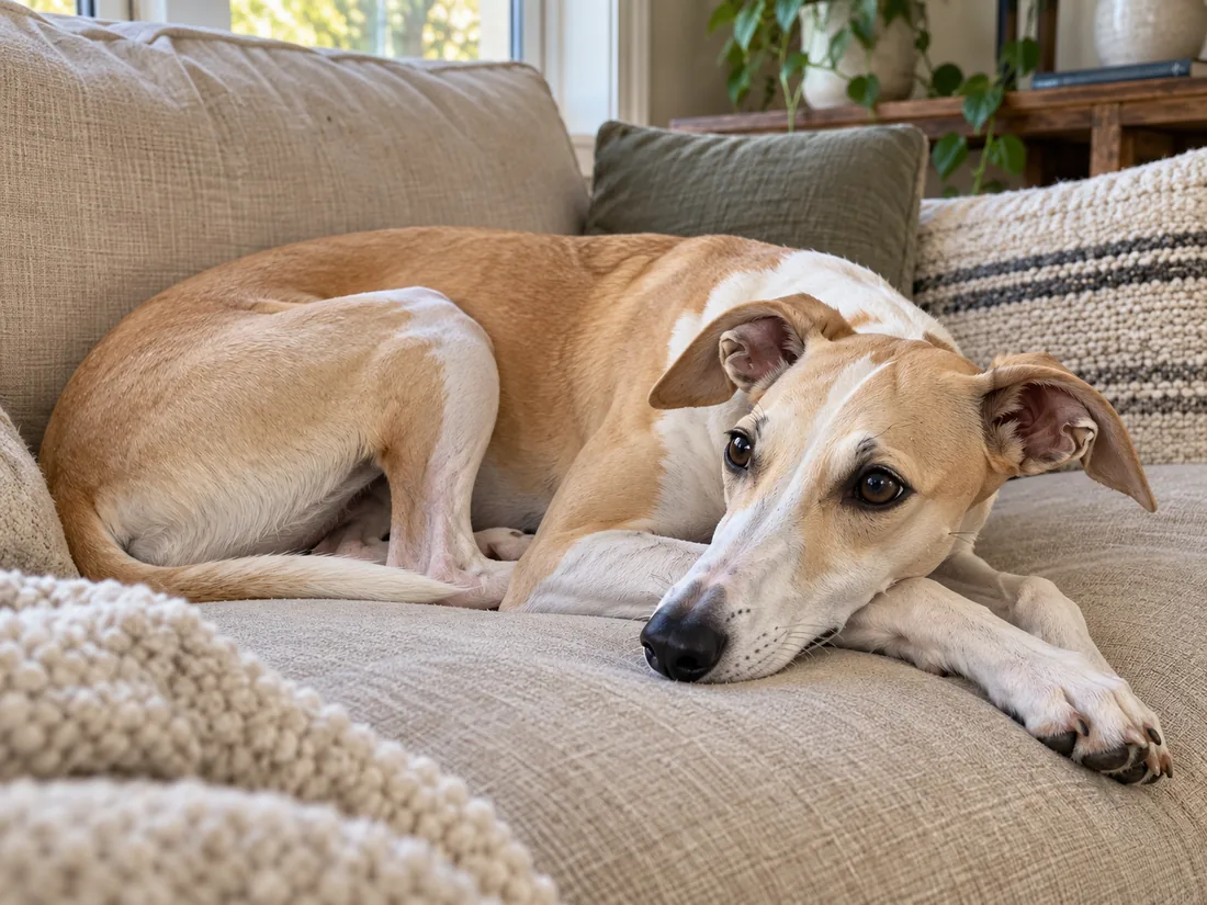 Whippet couché sur un canapé, la tête reposant près de ses pattes.